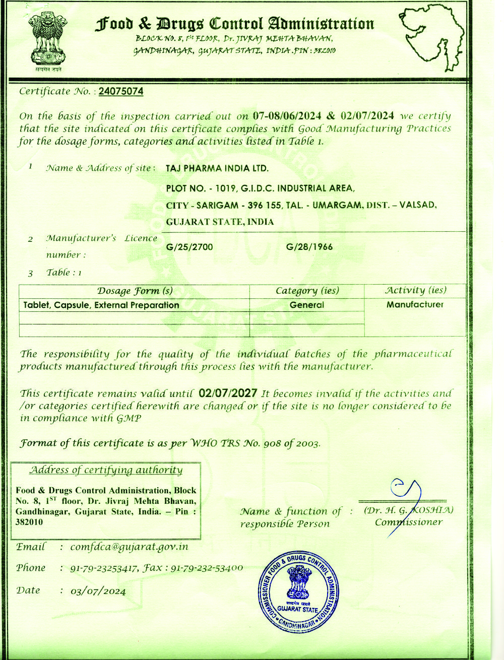 WHO-GMP Certificate